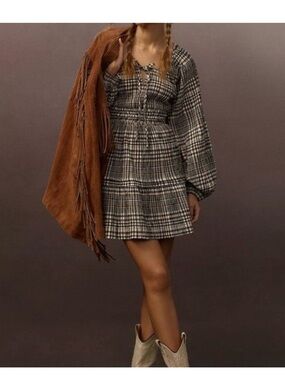 Anthropologie Plaid Long-Sleeve Mini Dress